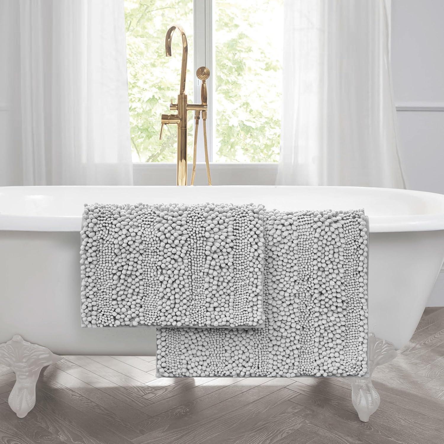 Laura Ashley – Astor Chenille Bath Mats | Set of 2| 100% Polyester | Premium Bathroom Décor | Machine Washable | TPR Backing | Measures 17” x 24” and 20” x 34” | Light Grey