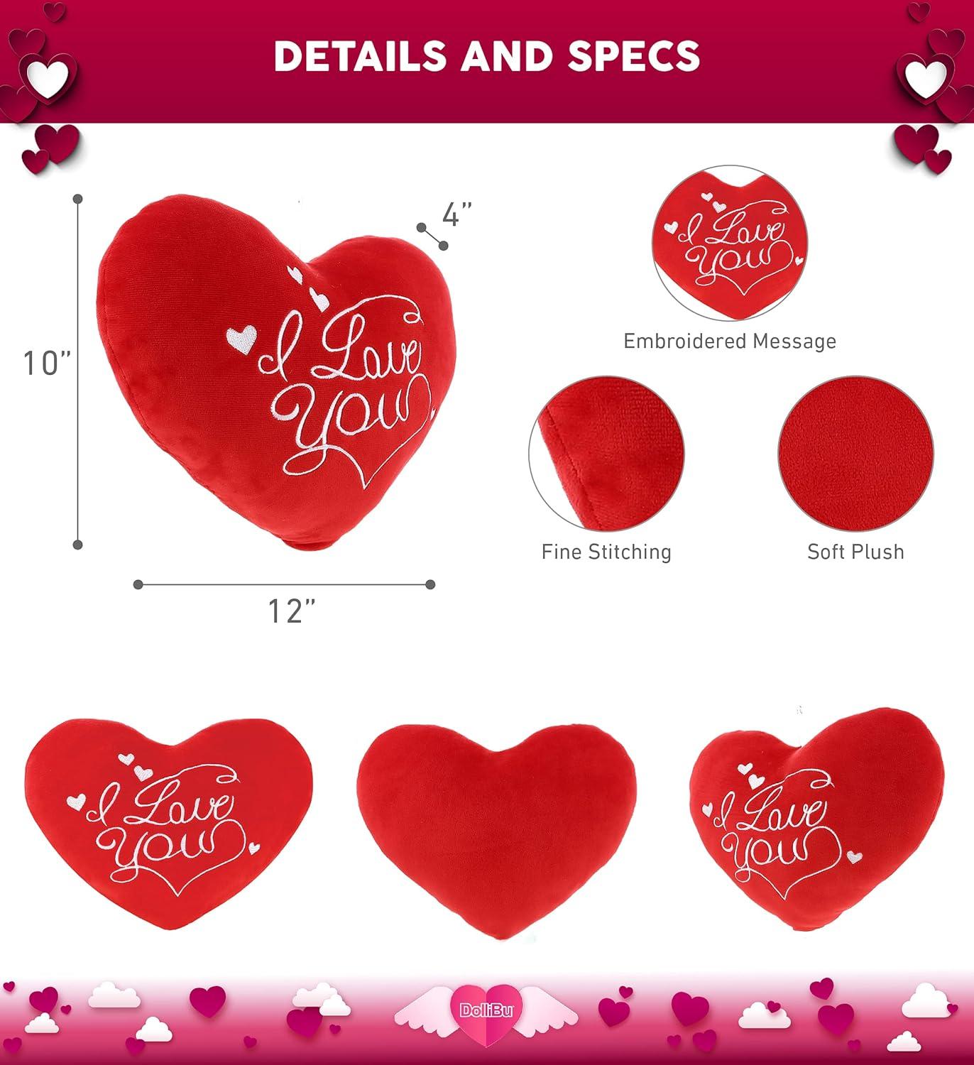 DolliBu I Love You Plush Red Heart Pillow - Fluffy Decorative Stuffed Heart Plush for Anniversary, Valentines Day and Special Occasions, Cute Plush Heart Shaped Throw Pillows - 12 Inch