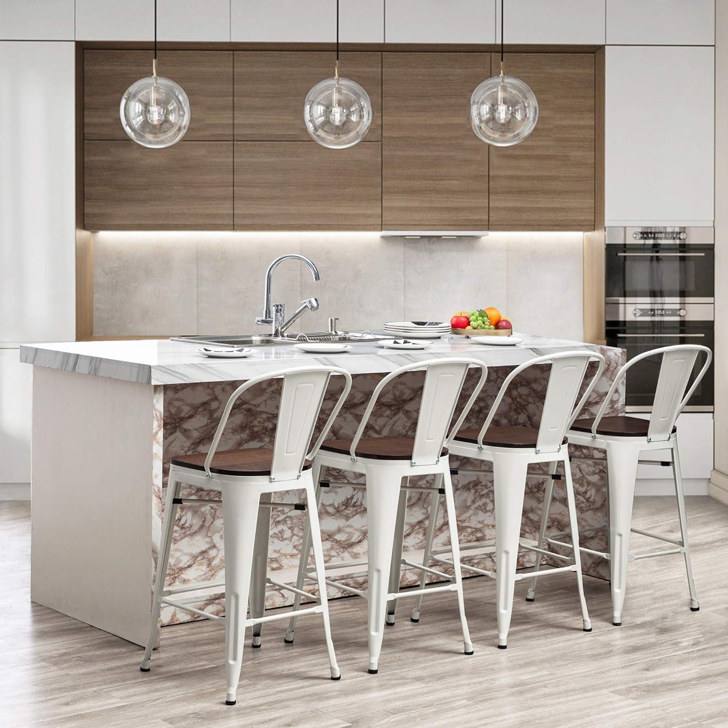 Bar Stools Set of 4 Metal Bar Stool Counter Height Bar Stools White, Modern Bar Chairs with Back and Wooden Platform 30" Bar Stools Counter Height