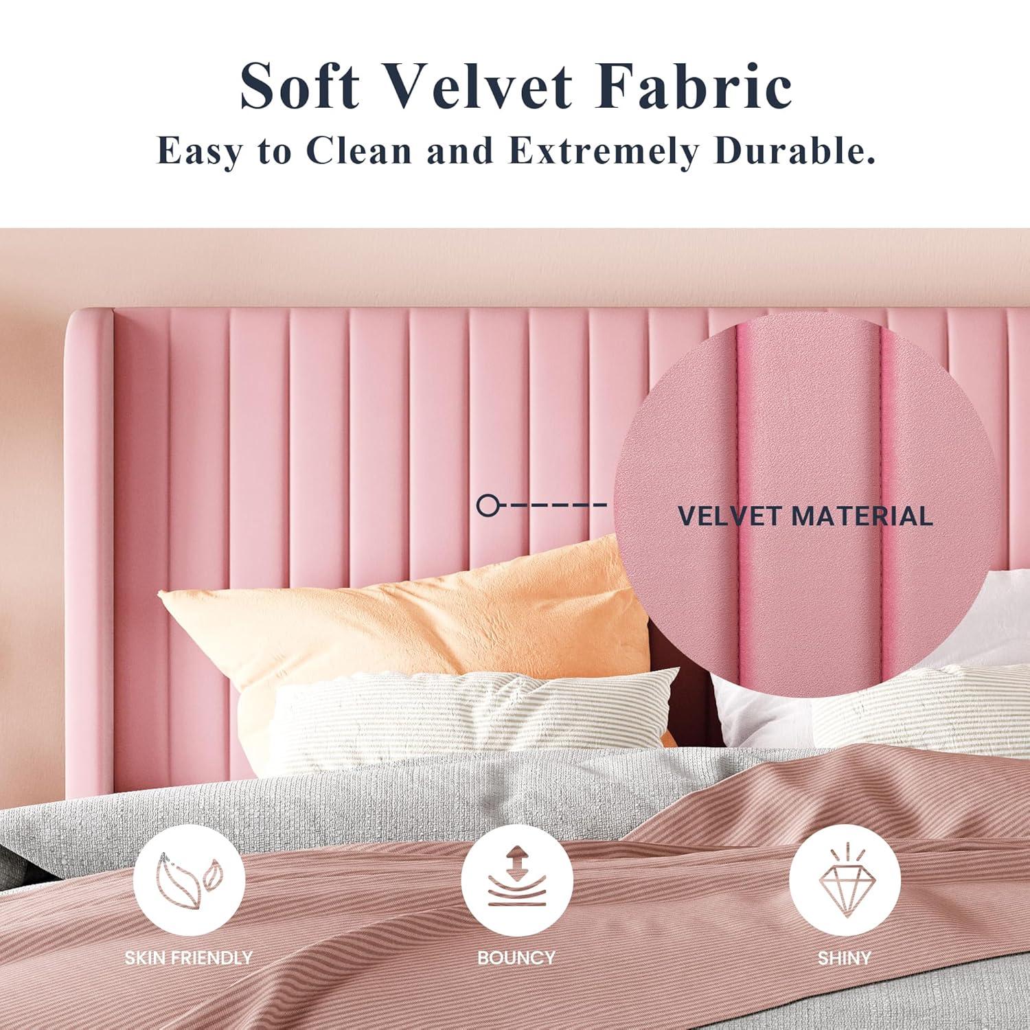 Candler Velvet Upholstered Platform Bed with Wingback Headboard and Wooden Slats