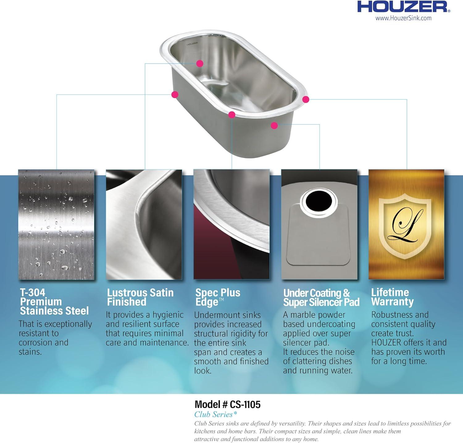 Houzer CS-1105-1 Club Series Undermount Stainless Steel Compact Bar/Prep Sink