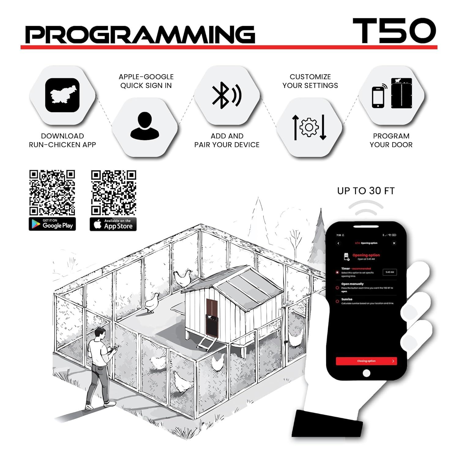 RUN-CHICKEN Door T50 – Automatic Chicken Coop Door Opener, Battery Powered & Weatherproof Aluminum, Smart App & Timer Control, Predator Proof, Easy Install, Reliable All-Season Performance (Brown)