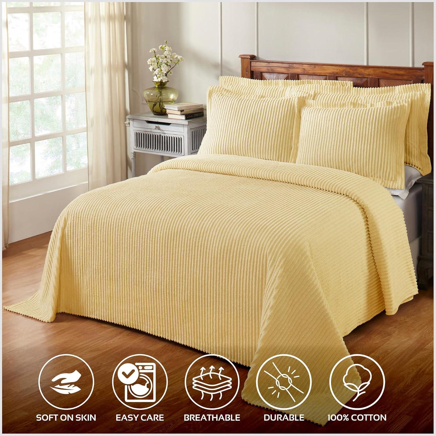Better Trends Chenille Bedspreads Full/Double Size, Yellow 100% Cotton Chenille Stripe Design Tufted Bedding Coverlet Soft Lightweight, 96"x110" with 2 Sham, 3 Pieces Set Jullian Collection