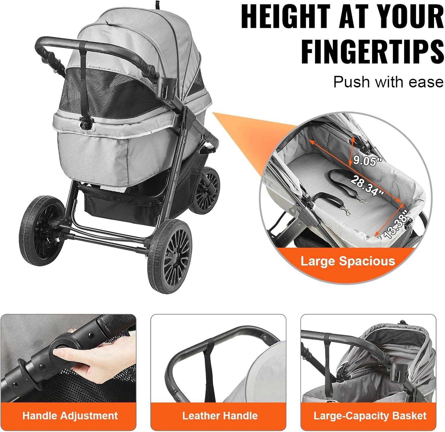 Gray Large Pet Stroller with Adjustable Handle and Storage