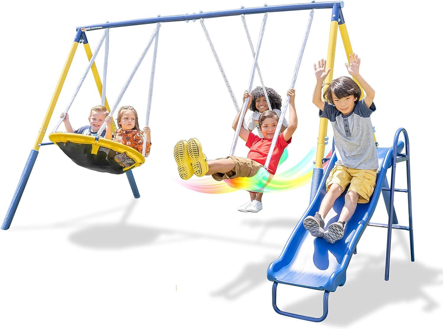 Sportspower Starlight Yellow Metal Swing Set with LED Swings and Slide