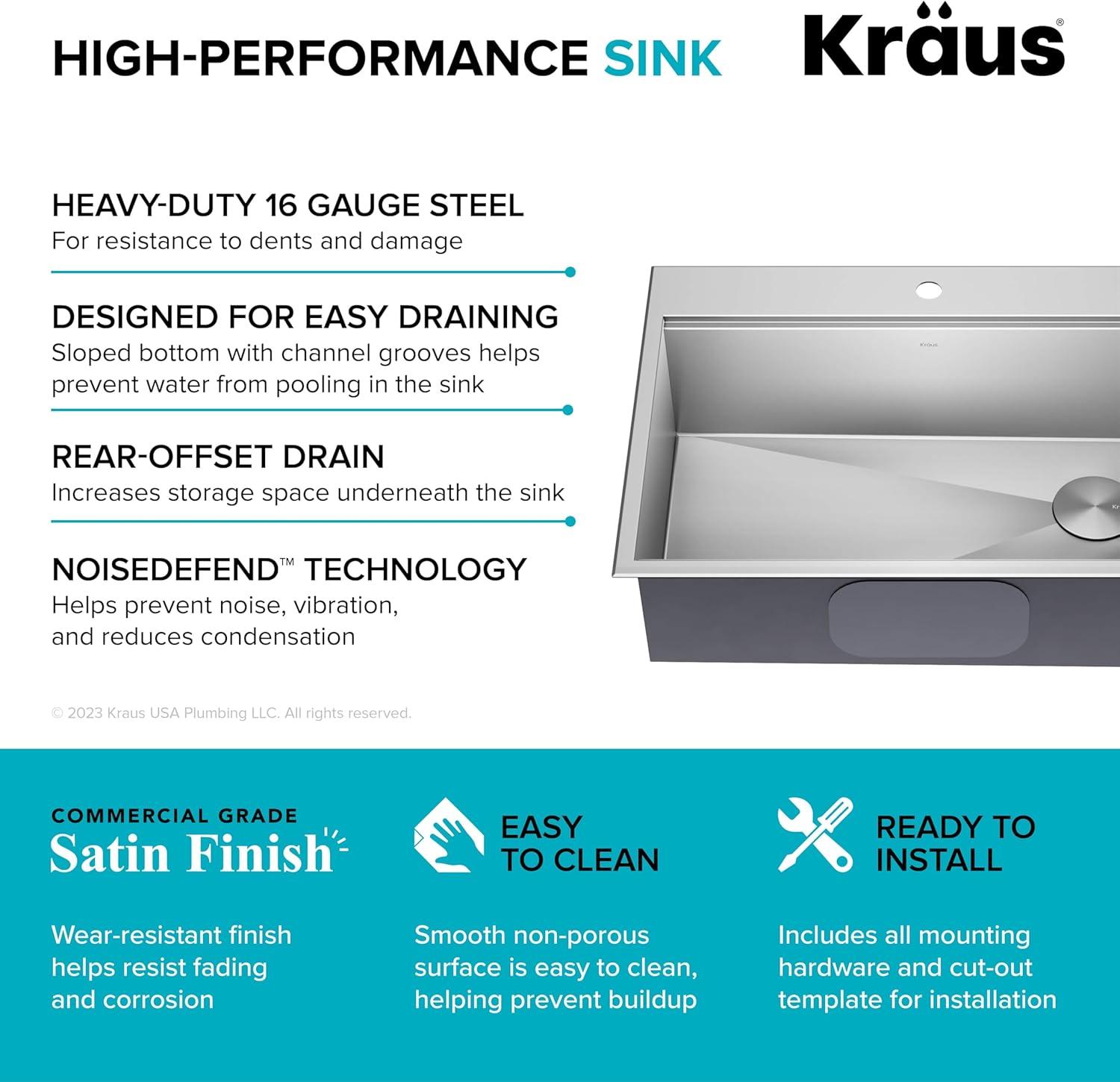 KRAUS Kore™ Workstation Drop-In 16 Gauge Single Bowl Stainless Steel Kitchen Sink