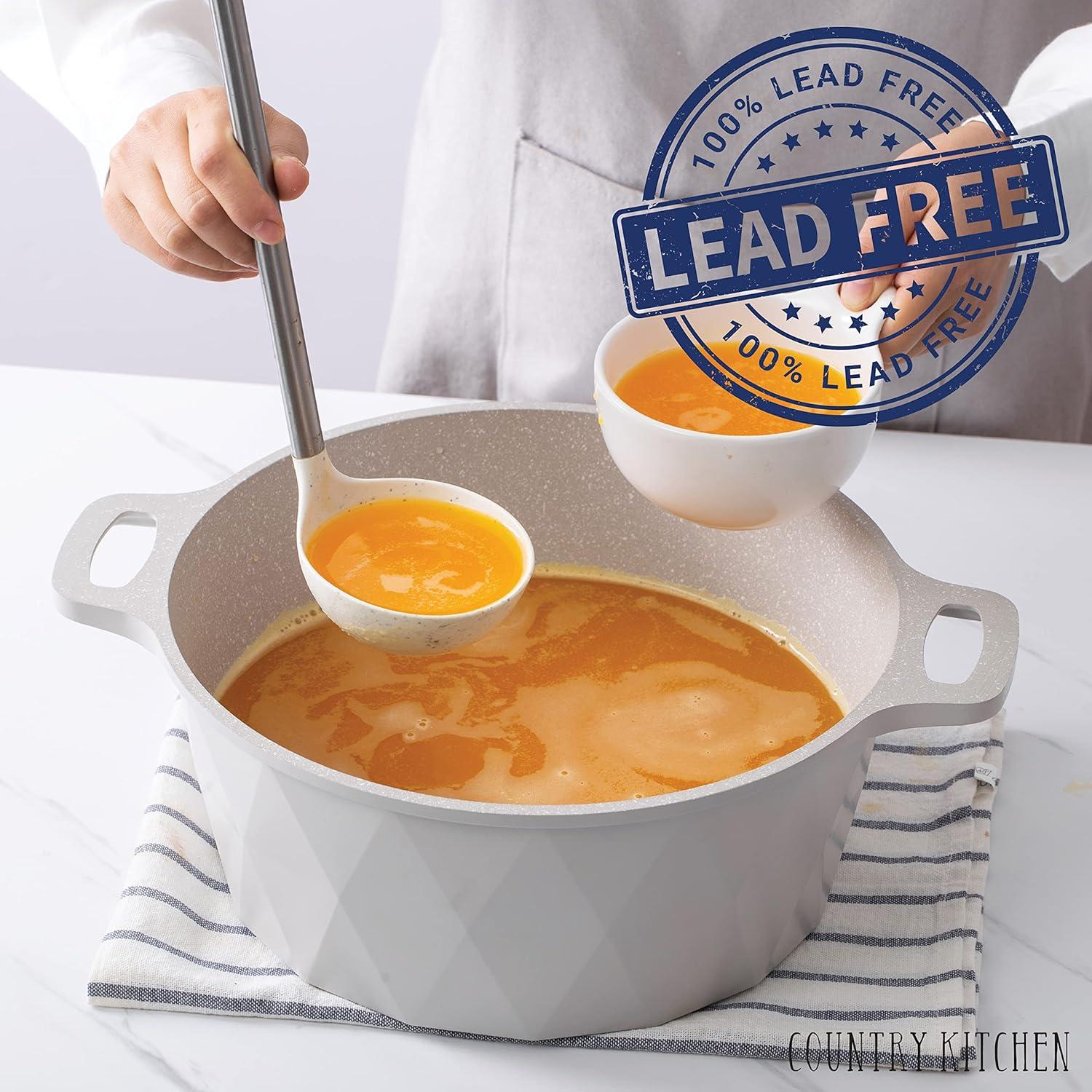 Country Kitchen 11-Pc Cast Aluminum Cookware Set Non Stick Pots and Pan Set, Cream Diamond