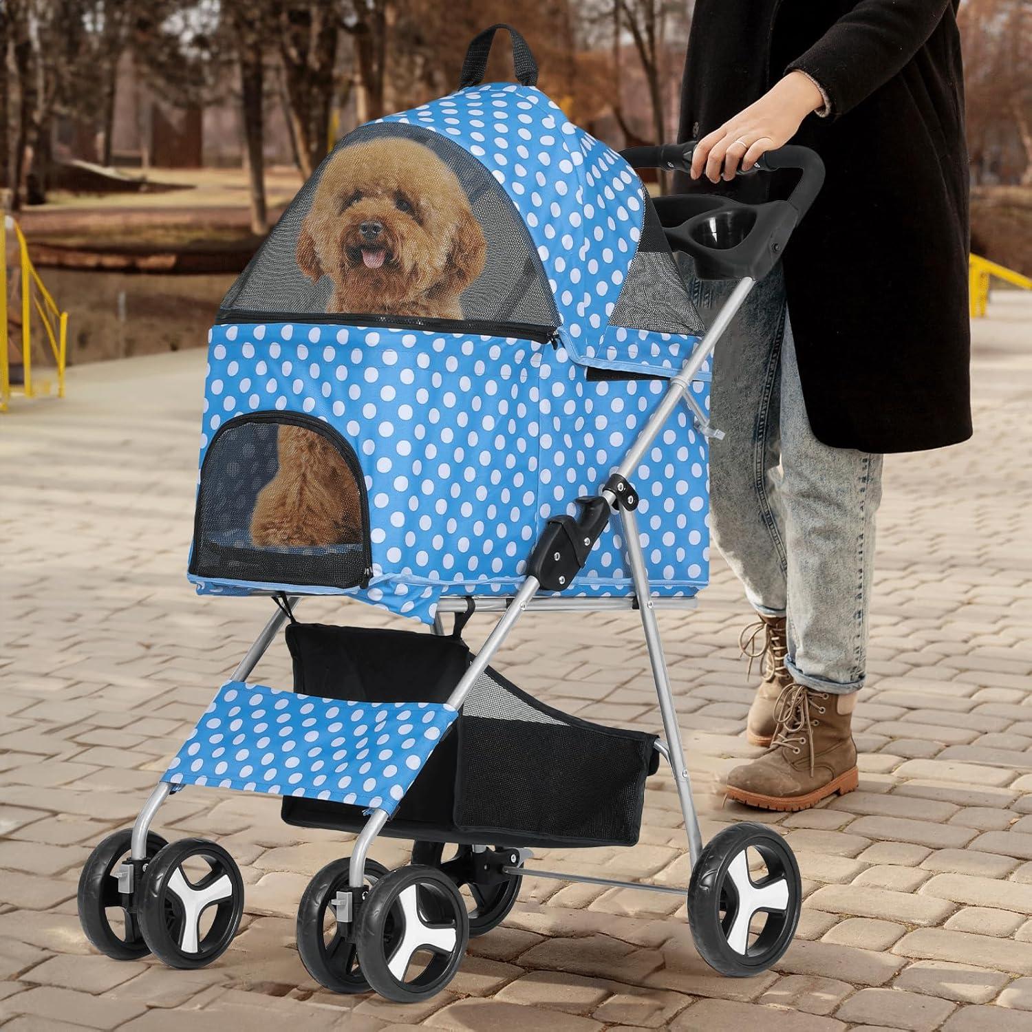 MoNiBloom 4 Wheel Foldable Dog Pet Stroller with Cup Holder, Sky Blue with White Polka Dots