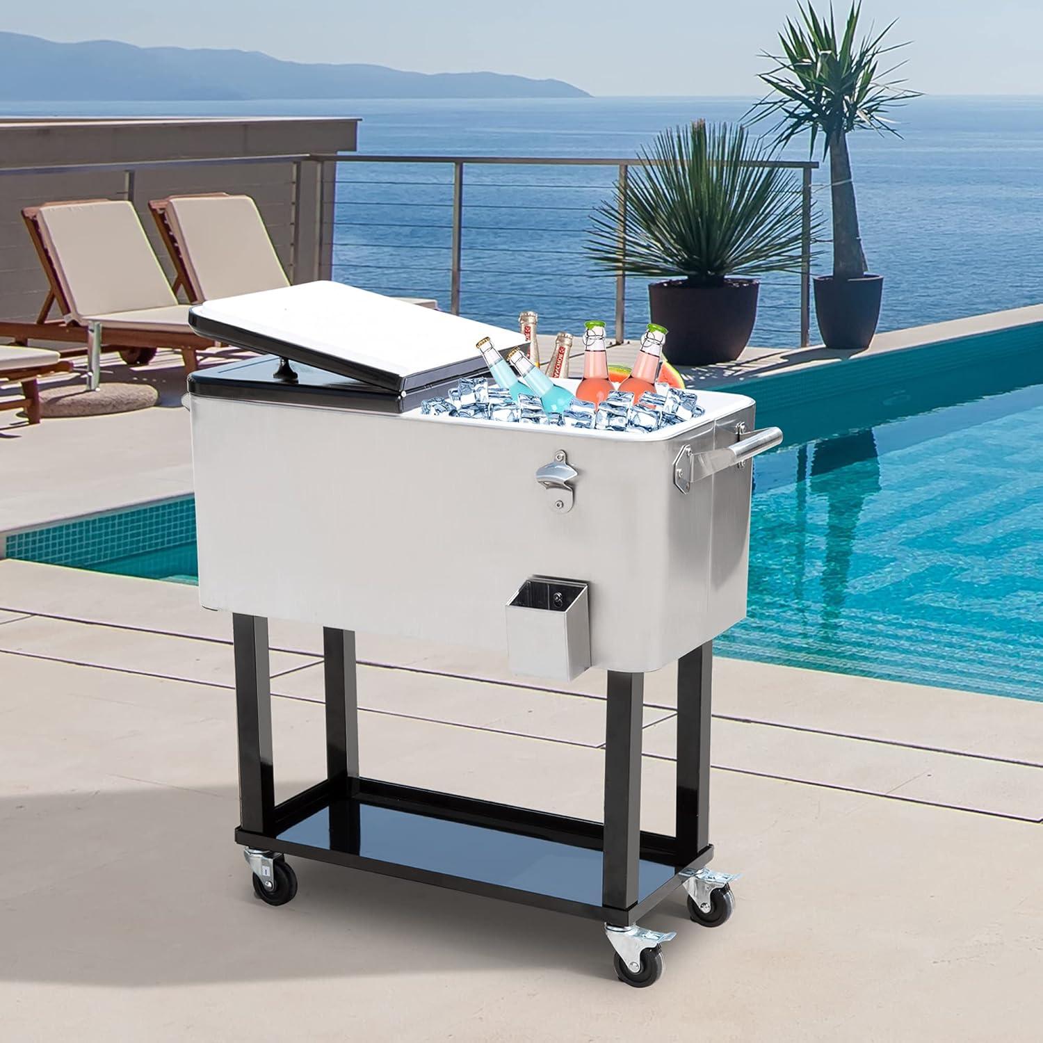 IRHOMA Outsunny 80 QT Rolling Cooling Bins Ice Chest on Wheels Outdoor Stand Up Drink Cooler Cart for Party