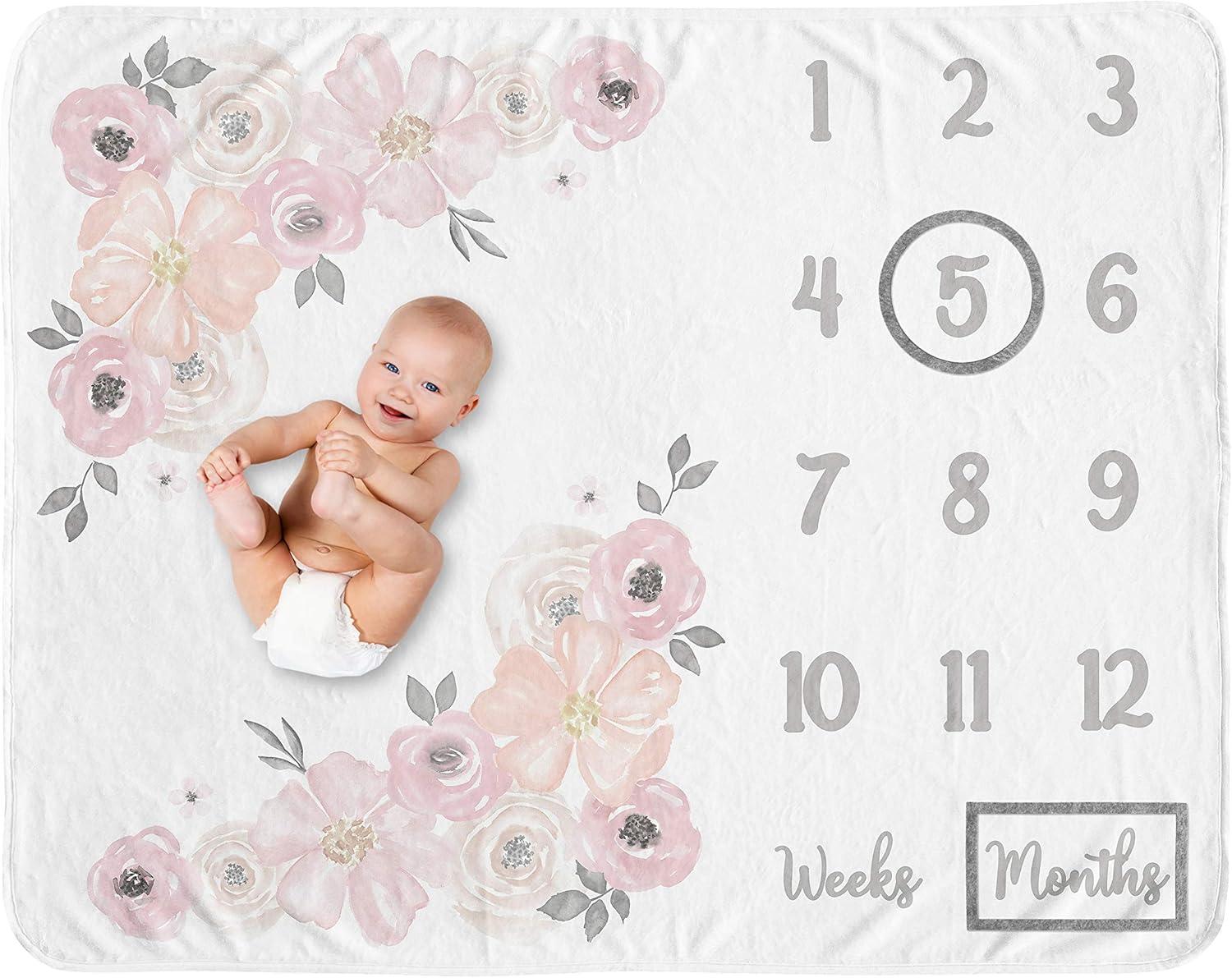 Sweet Jojo Designs Girl Baby Milestone Blanket Watercolor Floral Pink and Grey