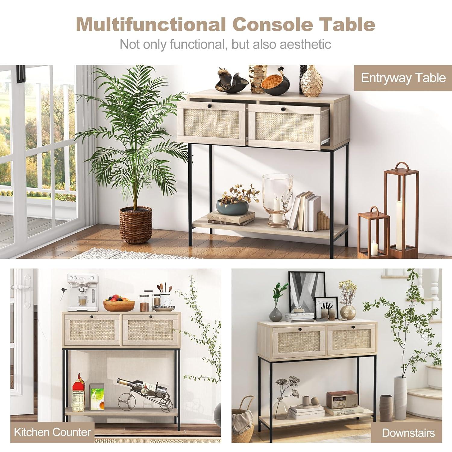 Tangkula Console Table Entryway Table Long Sofa Side Table w/ Open Shelf & Rattan Drawers