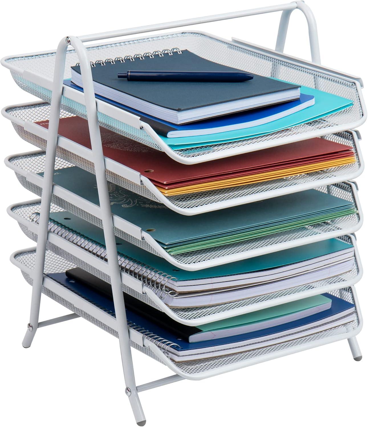 White Metal Mesh 5-Tier Letter Tray Organizer with Handle