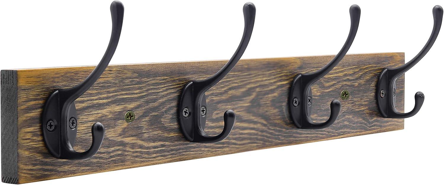 Rustic Wood Wall Mounted Coat Rack with Black Zinc Hooks