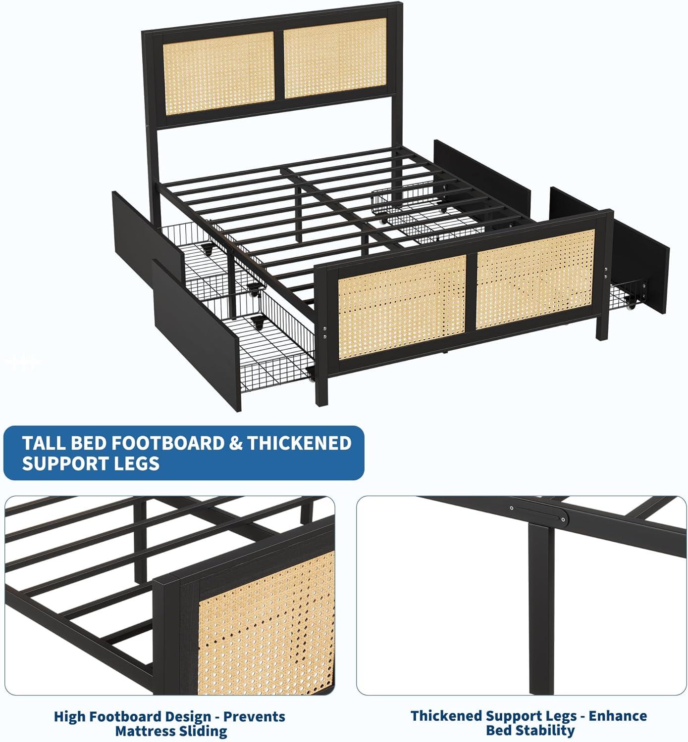 Garvee Rattan Bed Frame with Headboard, Full Bed Frame with Strong Metal Slats Support, Noise-Free Design, No Box Spring Needed, Black