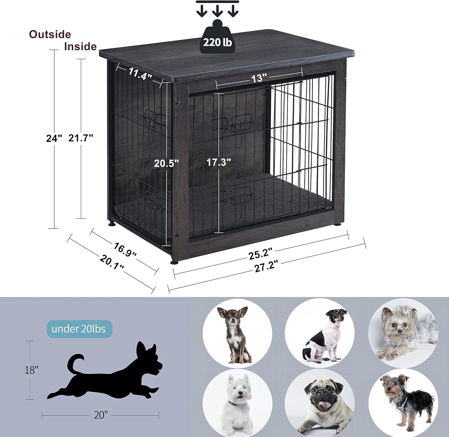 Small Dark Gray Wooden Dog Crate with Cushion