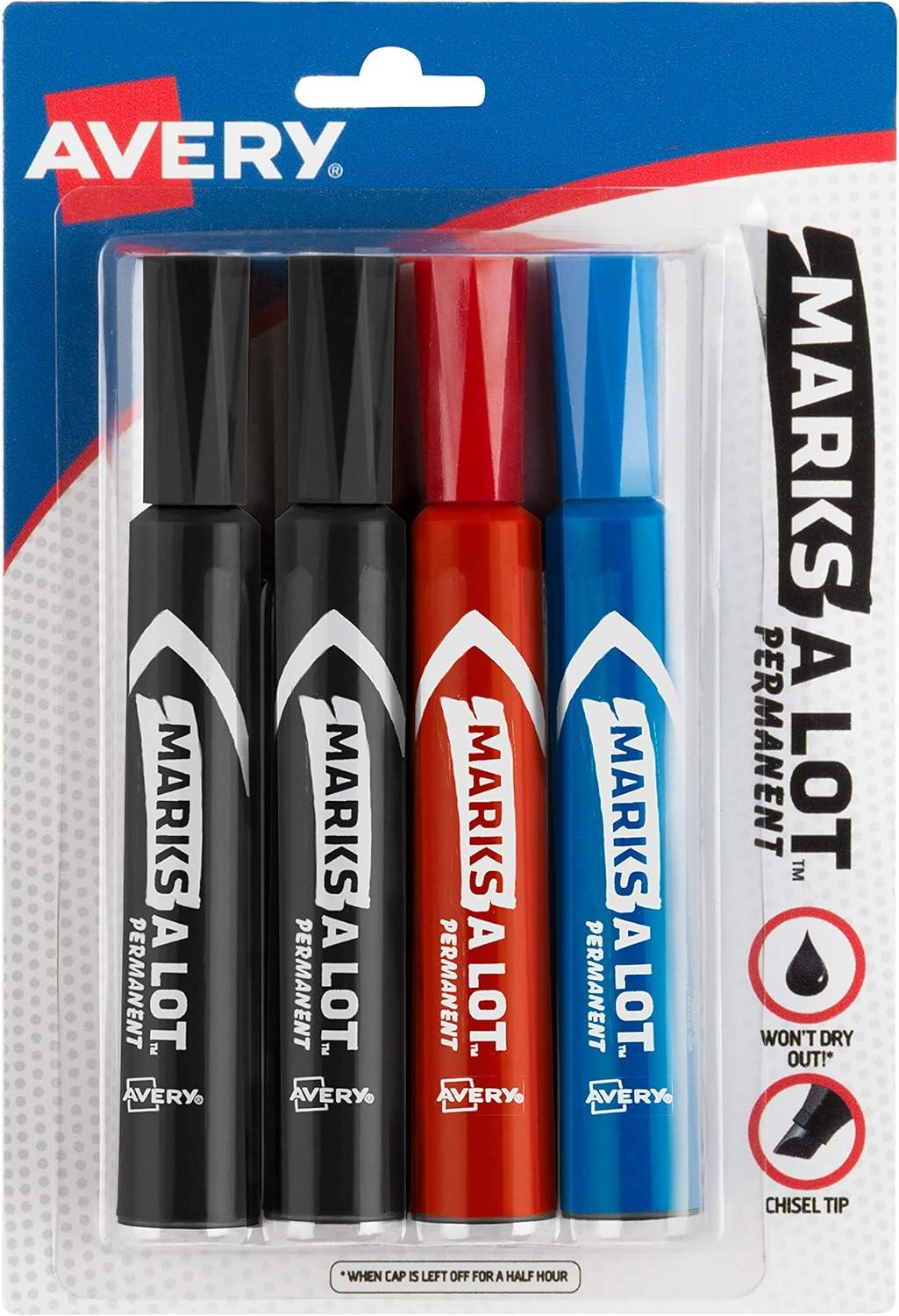 Avery Marks A Lot Permanent Markers, Regular Desk-Style, Asstd, 4/PK Regular Marker Point - Chisel Marker Point Style - Black, Blue, Red - Black, Blue, Red Barrel - 4 / Pack