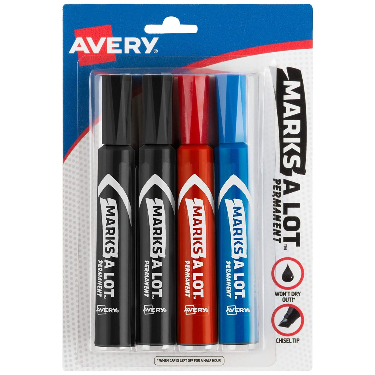 Avery Marks A Lot Permanent Markers, Regular Desk-Style, Asstd, 4/PK Regular Marker Point - Chisel Marker Point Style - Black, Blue, Red - Black, Blue, Red Barrel - 4 / Pack