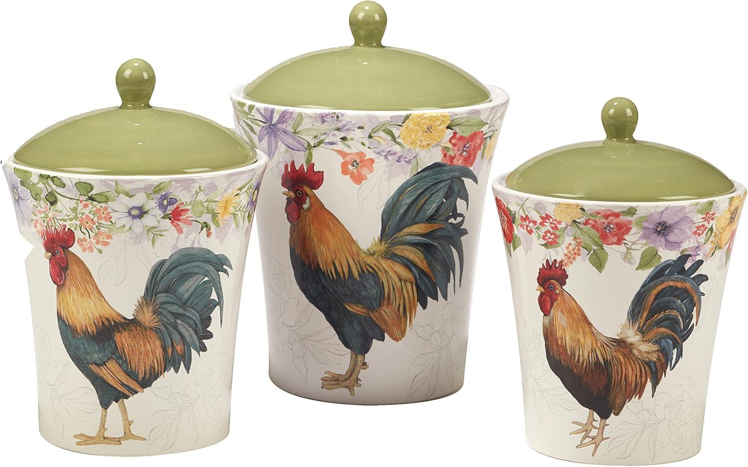 Green Ceramic Rooster Floral 3-Piece Canister Set