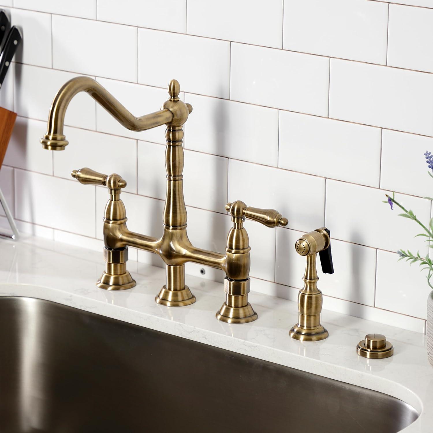 Kingston Brass KS1273ALBS Heritage 8-Inch Kitchen Bridge Faucet with Brass Sprayer, Antique Brass