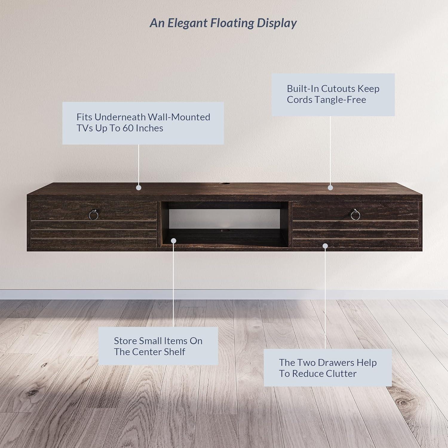 BELLEZE Modern Floating Wall Mounted 63 Inch TV Console With Built-In Shelf & Compartments, Space Saving Decorative Contemporary Media Storage, For Up To 100lbs - Langston (Espresso)