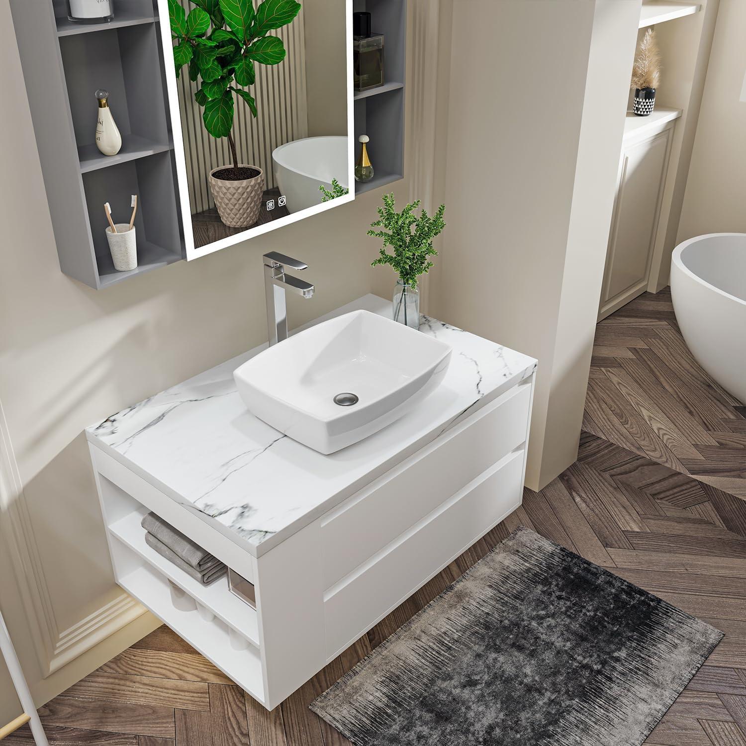 Sinber 19" x 14" x 5" White Rectangular Ceramic Countertop Bathroom Vanity Vessel Sink C4181-OK