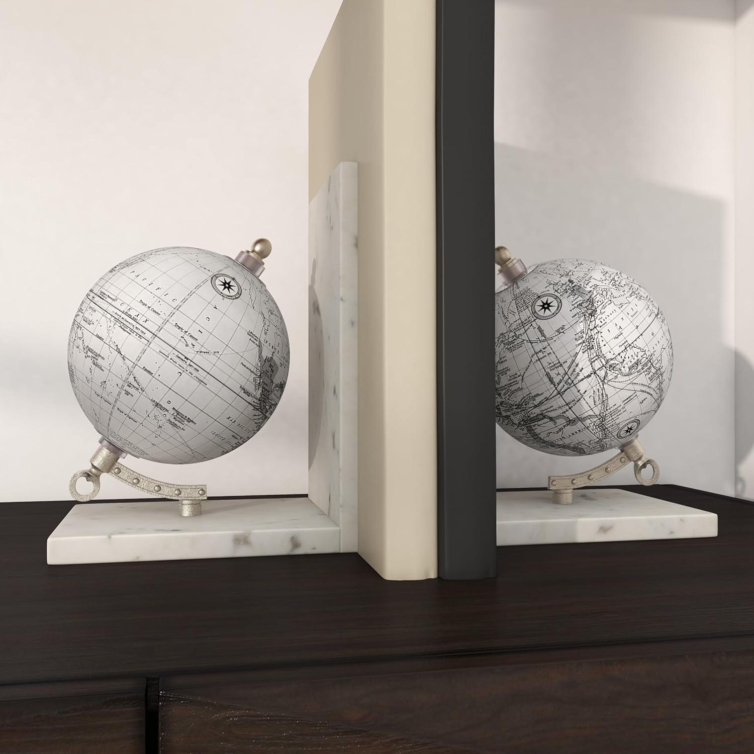 White Marble Globe Bookends with Silver Metal Accents, Set of 2