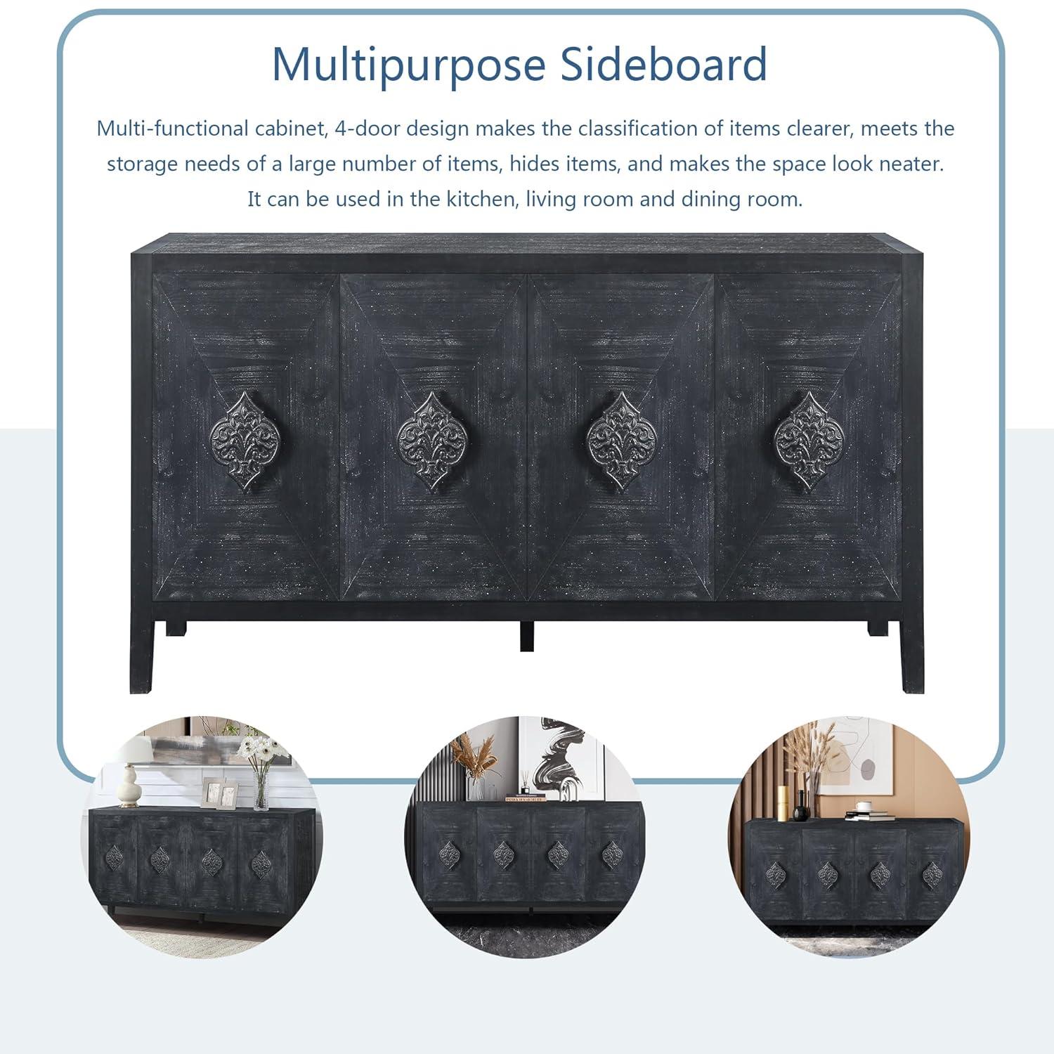 Sideboard Buffet Cabinet, Wooden Storage Cabinet with Carved Flower Door Handle, Retro Style Kitchen Sideboard Console Table for Living Room, Dining Room, Hallway, Entryway, Antique Black