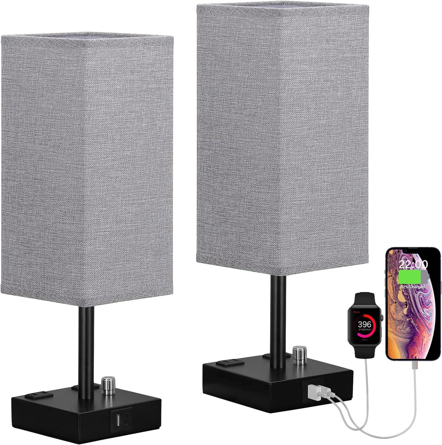 Set of 2 Gray Linen Touch Control Bedside Lamps with USB Ports