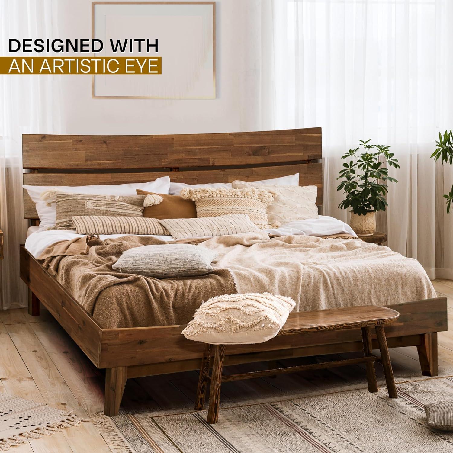 Acacia Aurora Premium Solid Wood Platform Bed Frame and High Headboard, Queen Bed Frame with Headboard, Mid Century Modern Bed with 5 years Warranty