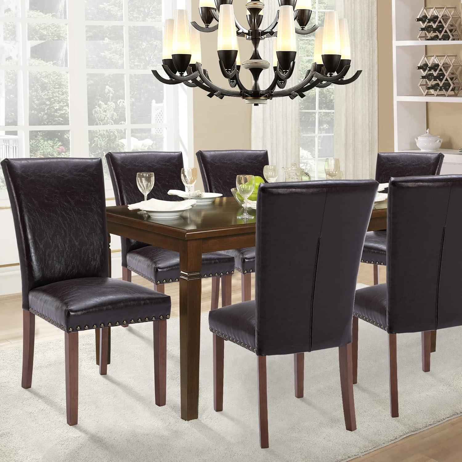 Dark Brown Faux Leather Upholstered Parsons Side Chair Set