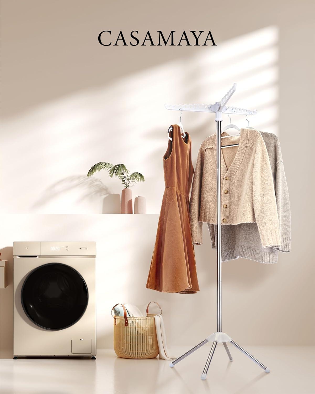 Clothes Drying Rack Foldable, 59 inch Tripod Laundry Drying Rack Indoor with Rotating Clothes Rail for 27 Pieces of Clothes, Space Saving, Stainless Steel, White and Silver CDR001W01