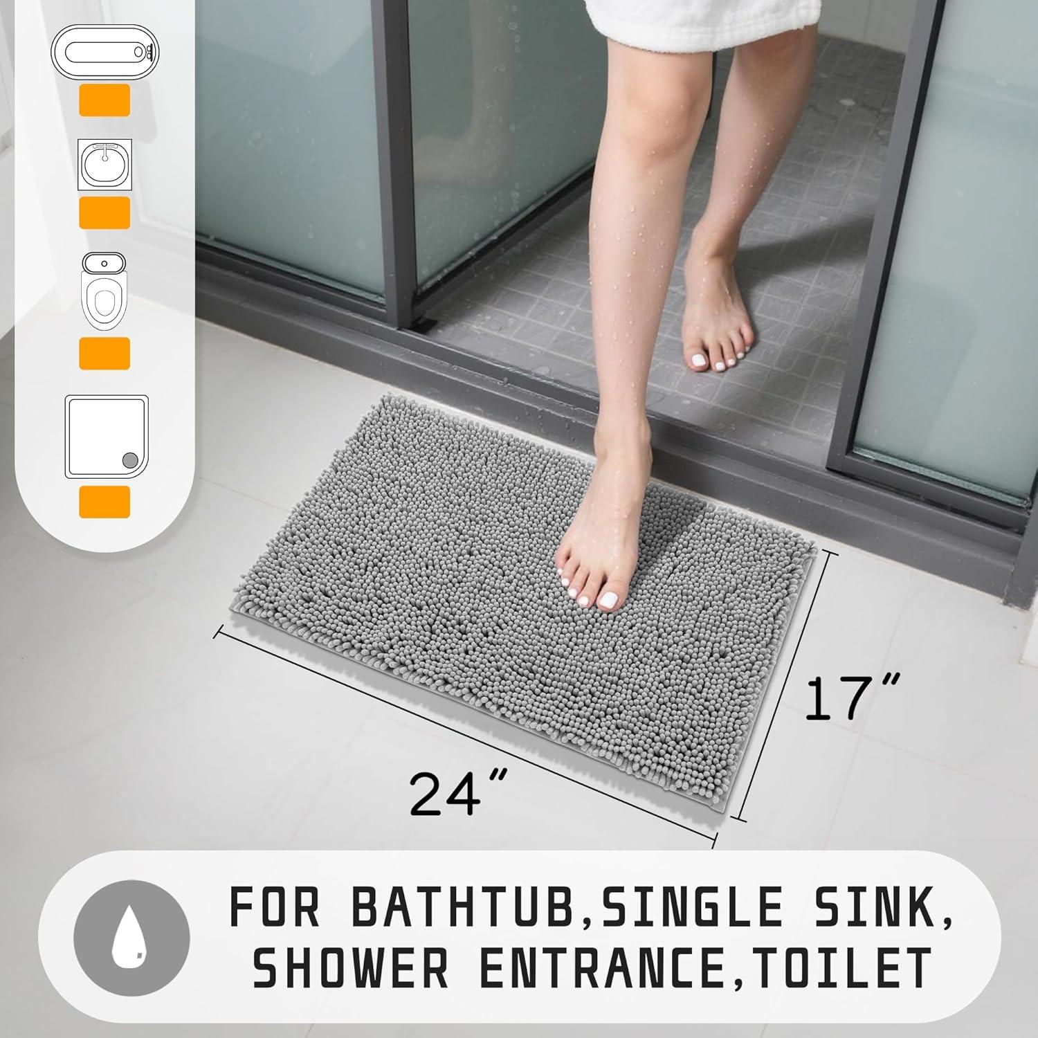 CHENHAINAN Bathroom Rug Mat, 24'' x 17'', Luxury Chenille Shaggy Bath Rugs, Extra Soft & Thick, Absorbent Water, Non-Slip, Machine Washable, Bath Mats for Bath Floor,Tub and Shower, Gray