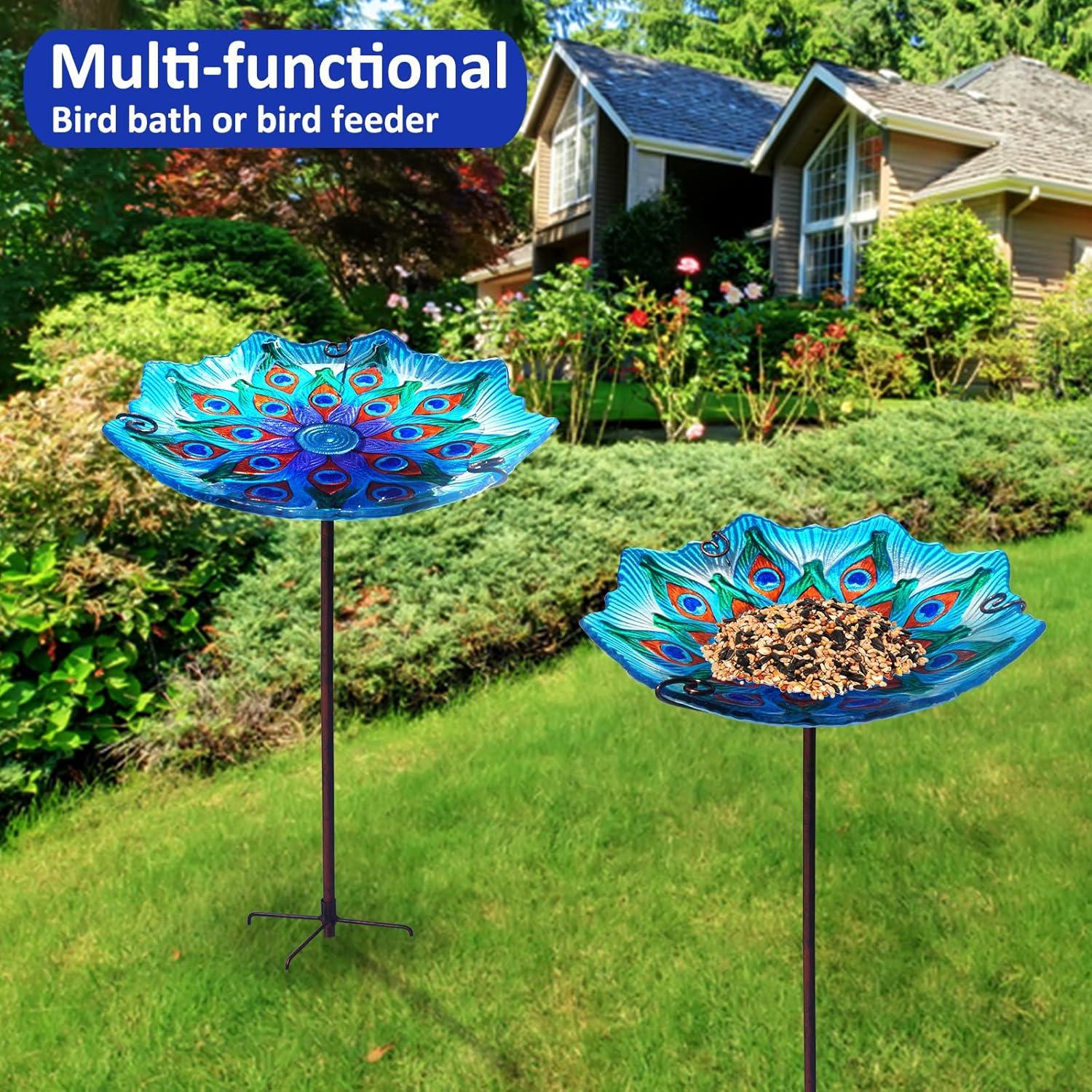 Evergreen Garden 2GB209 11 Inch Peacock Glass Bird Bath Bowl with Metal Stake