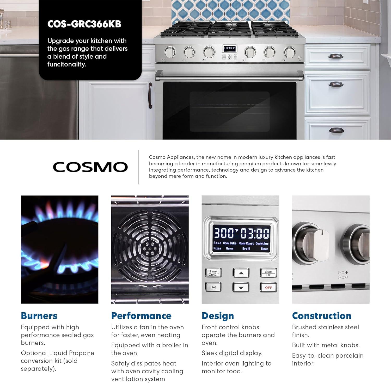 Cosmo Cosmo 36 in. Lumin Collection 6.0 cu. ft. Gas Range with 6 Sealed Gas Burners and Convection Oven in Stainless Steel COS-GRC366KB