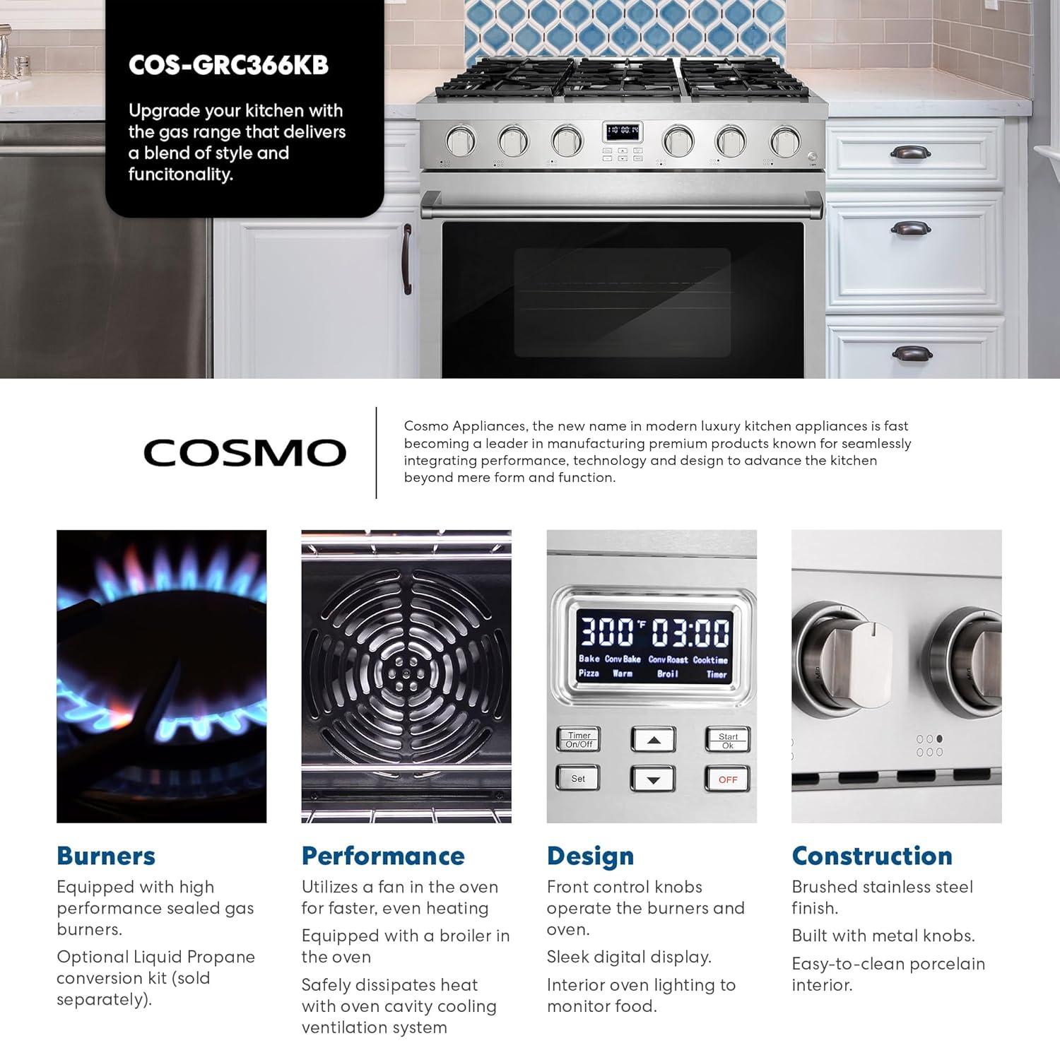 Cosmo Cosmo 36 in. Lumin Collection 6.0 cu. ft. Gas Range with 6 Sealed Gas Burners and Convection Oven in Stainless Steel COS-GRC366KB