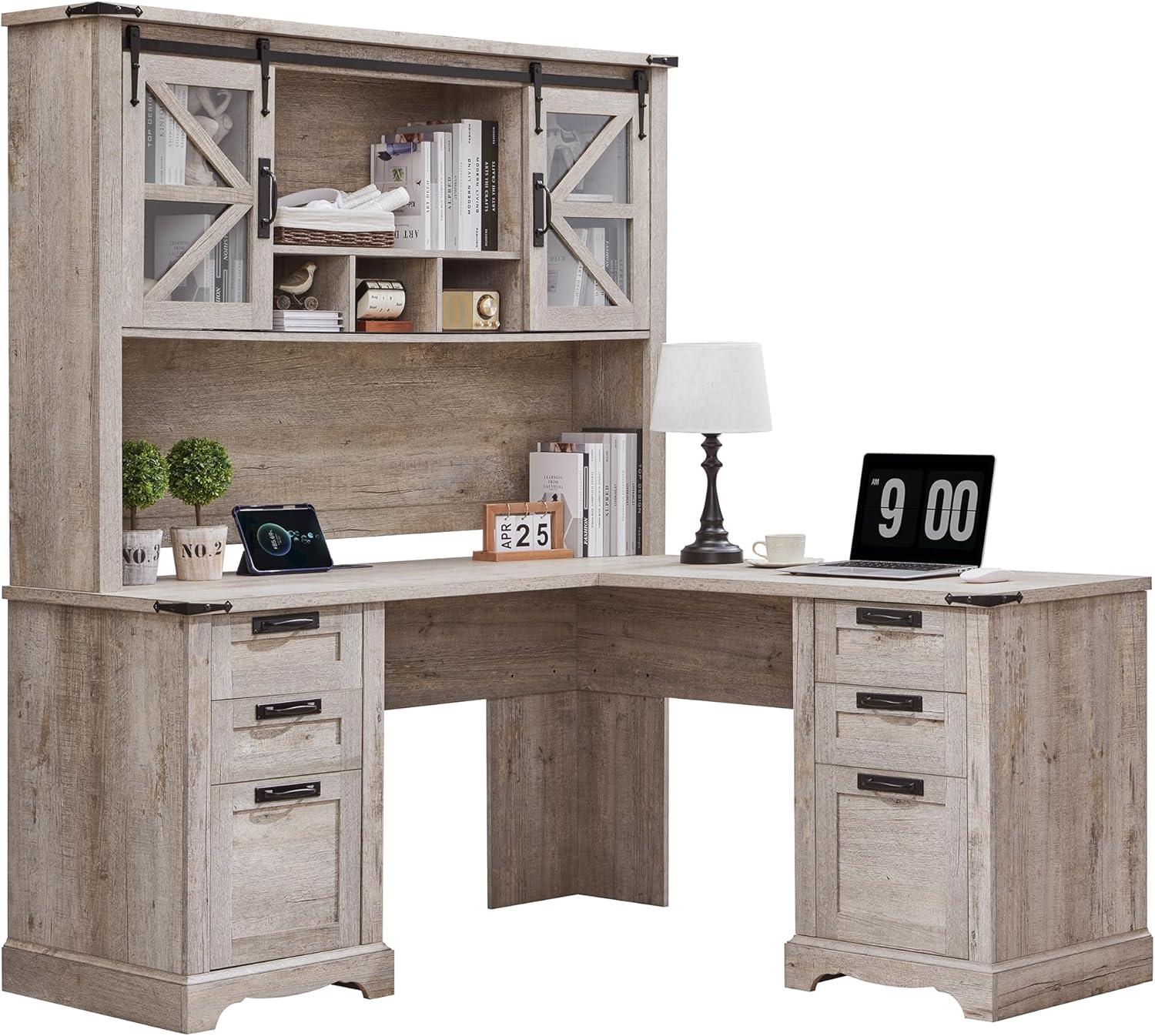 RedLemon 60" Farmhouse L Shaped Desk with Hutch, Wood Home Office Executive Desk with Drawer, Charging Station, File Drawer, Storage Cabinet, Rustic Writing Computer Desk (Antique White)