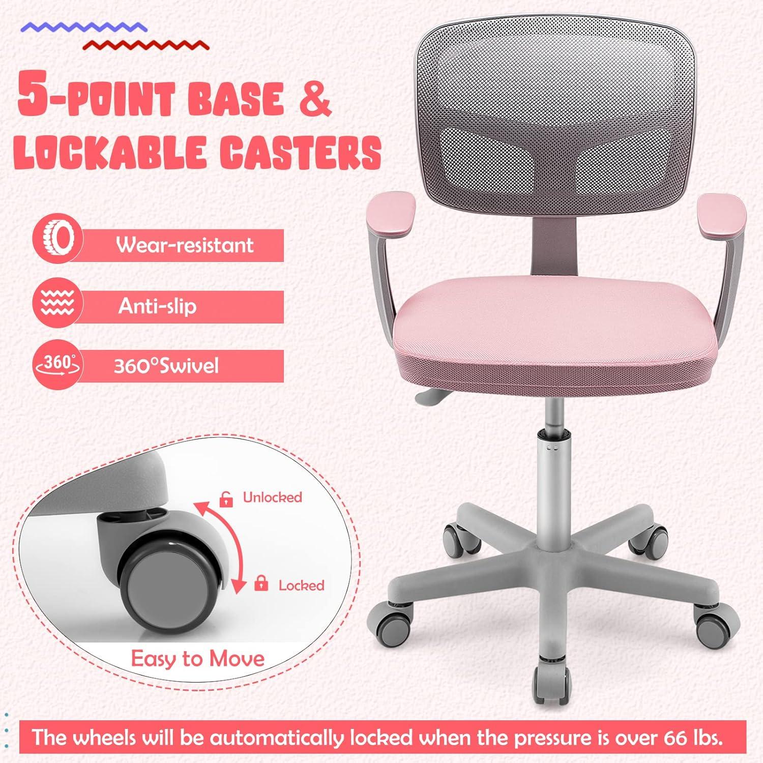 Pink Adjustable Mesh Swivel Kids Desk Chair with Armrests