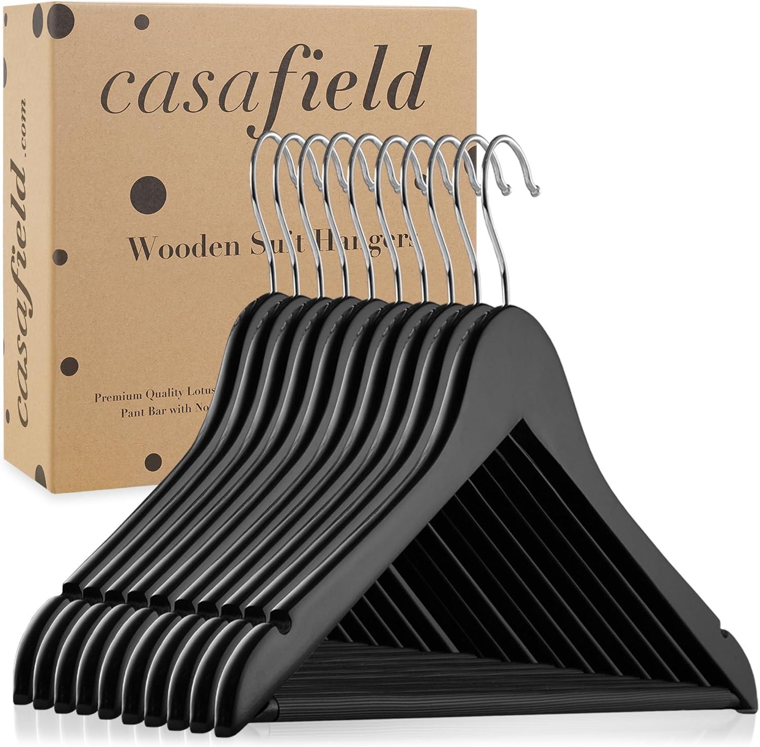 Casafield Wooden Suit Hangers, Non-Slip Pant Bar & Swivel Hook, Black - Set of 10