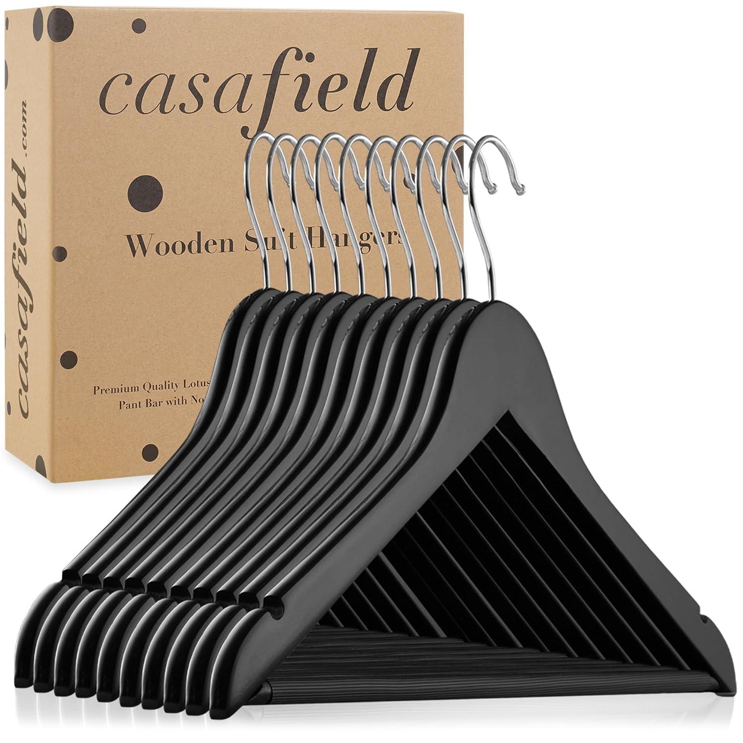 Casafield Wooden Suit Hangers, Non-Slip Pant Bar & Swivel Hook, Black - Set of 10