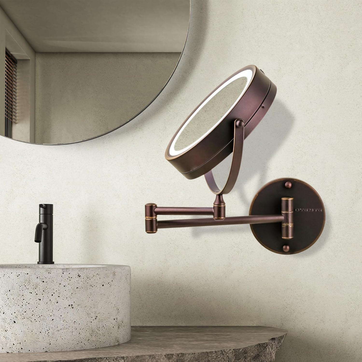 Ovente OVENTE 7" Lighted Wall Mount Makeup Mirror with 1X/10X Magnification, Cordless Double Sided Magnifying Round Vanity Mirror, 360° Swivel Design, Extendable and Folding Arm, Antique Bronze MFW70ABZ1X10X