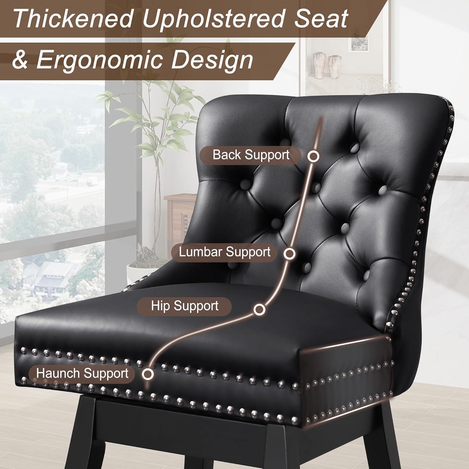 Dycanpo 26'' Swivel Bar Stools Set of 2, Upholstered Barstool with Footrest for Kitchen,Black-Faux Leather
