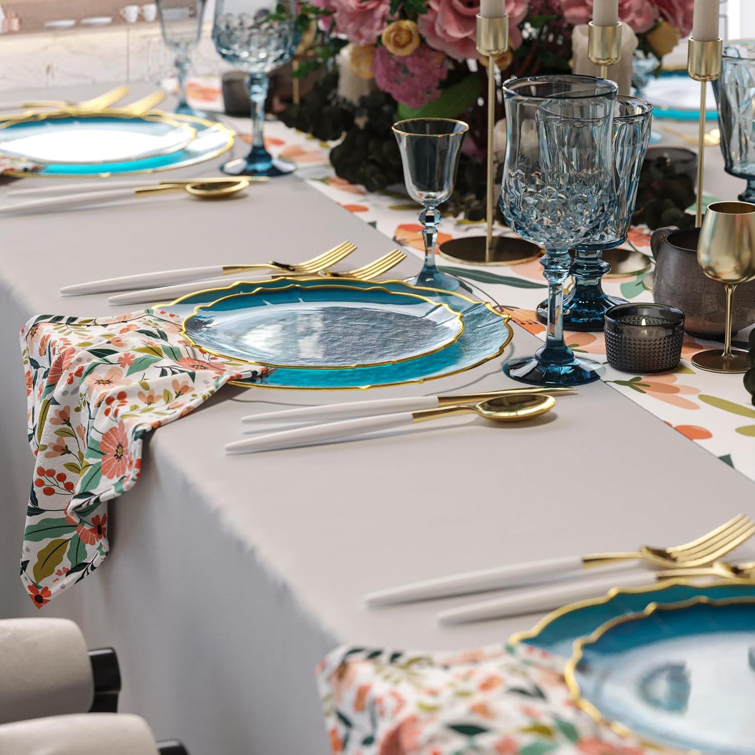 Trendables 40 Pieces Plastic Disposable Wedding Plates Set - 20 x 7.5" & 20 x 10" Thin & Delicate Peacock Tinted Petals Plates with Gold Rim-Serves 40