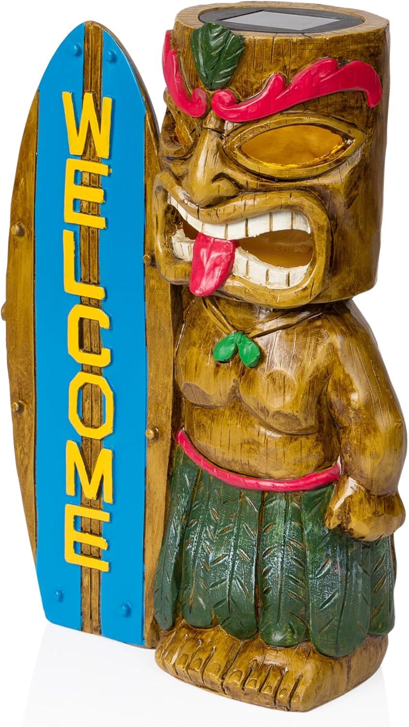 Alpine Corporation Solar Tiki with Welcome Surf Board Statuary and LED Lights