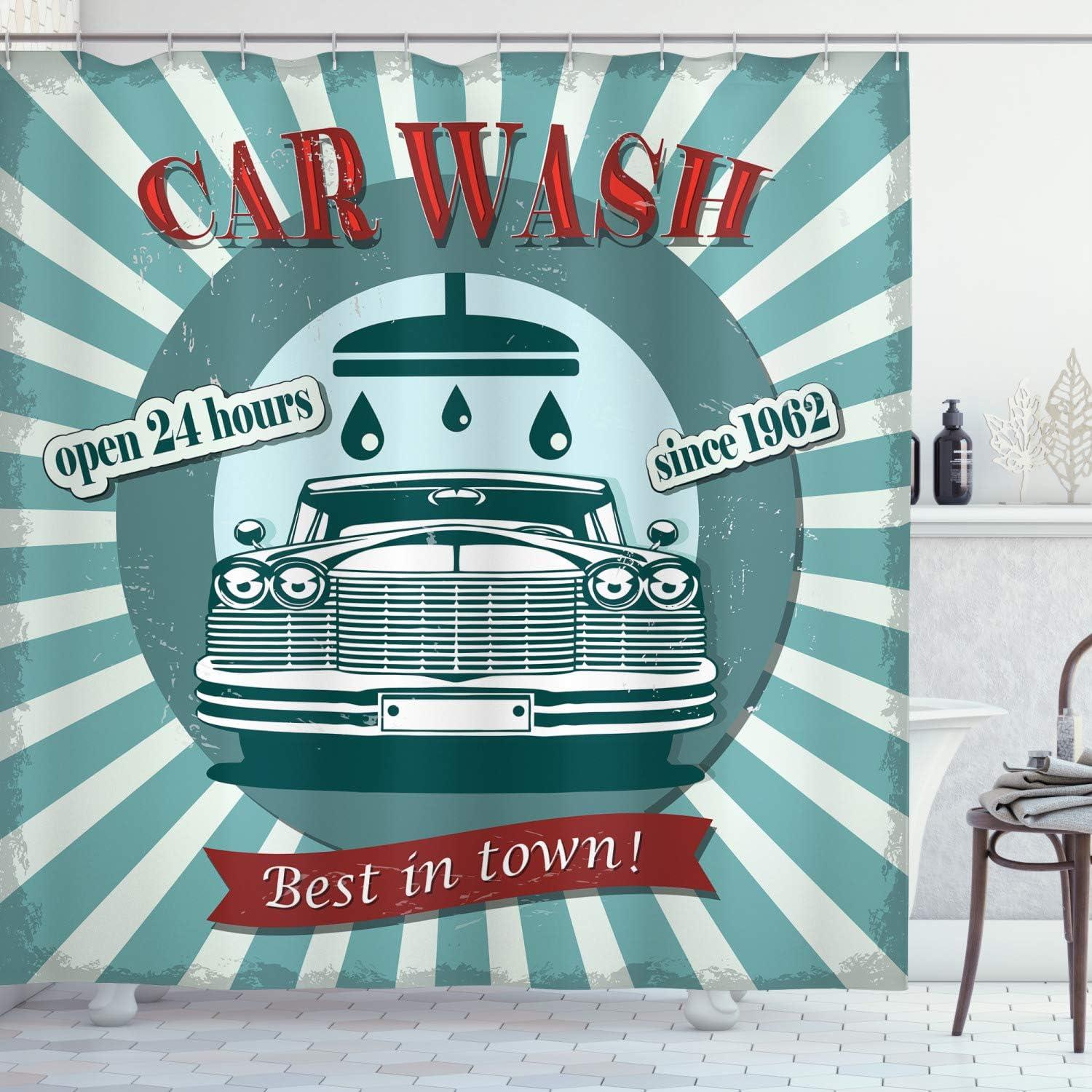 Ambesonne Retro Shower Curtain, Car Wash Sign Commercial, 69"Wx70"L, Red Teal