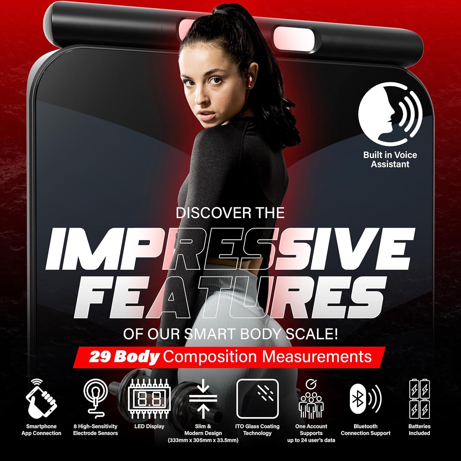 Bisonbody Smart Digital Body Scale – 29 Health Metrics – for Advanced Fitness Enthusiasts – Durable Tempered Glass – 8 High Sensitivity Electrodes Sensors – Smartphone App Connection