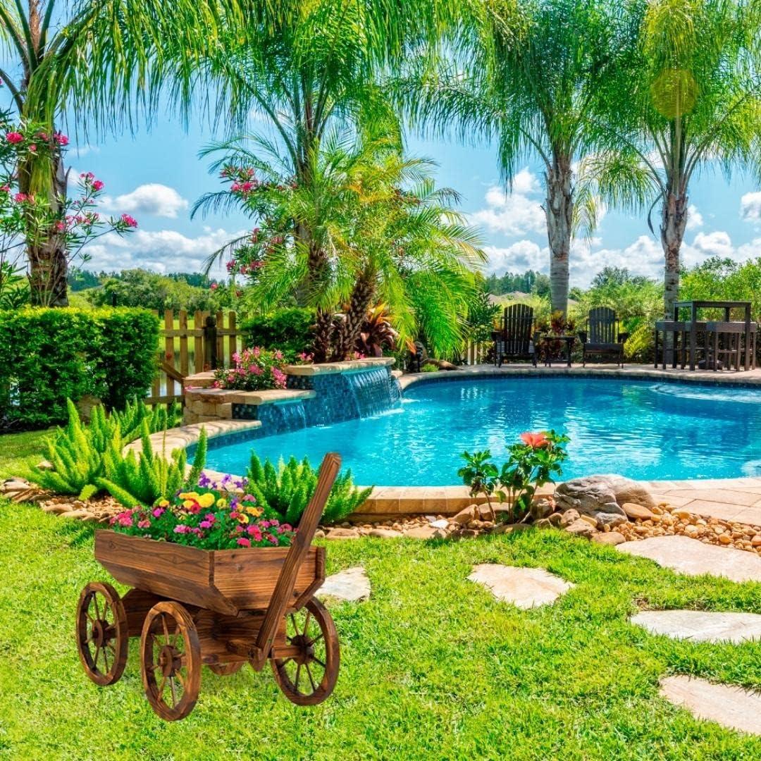 Rustic Cedar Wood Wagon Planter with Wheels for Outdoor Use