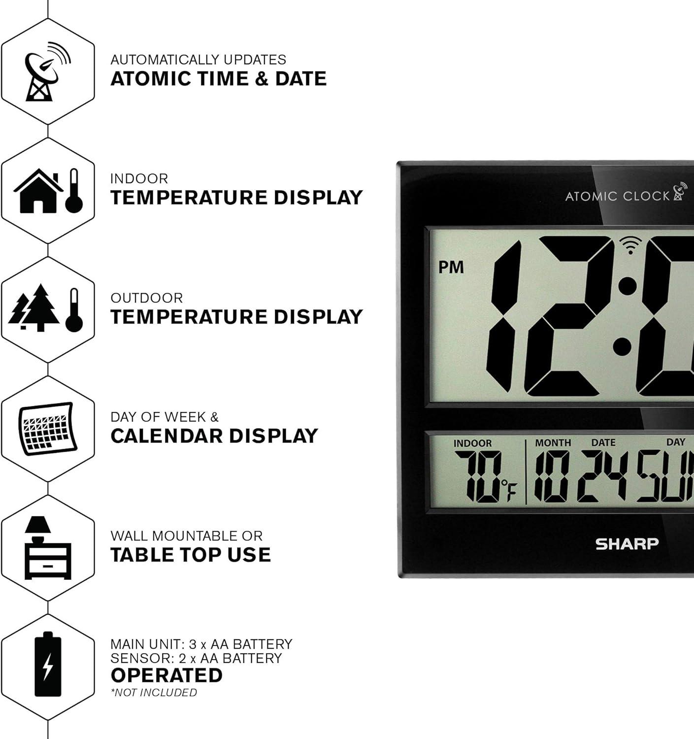 Sharp Atomic Clock Jumbo 3" LED Display In/ Out Temp Calendar Color Black Classic Decor Style