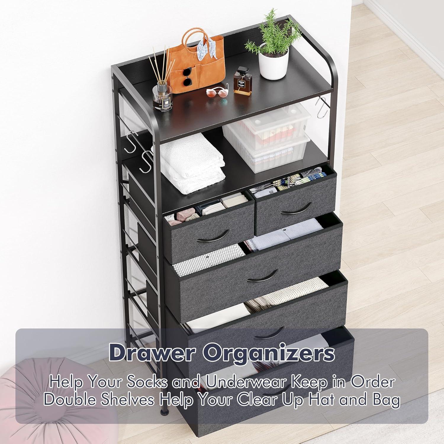 Jojoka 5-Drawers Dresser for Bedroom, Chests of Drawers with Hooks, Wood Table Top, Sturdy Metal Frame, Fabric Storage Organizer Cabinet for kitchen, Living Room, Hallway, Entryway, Rustic Grey