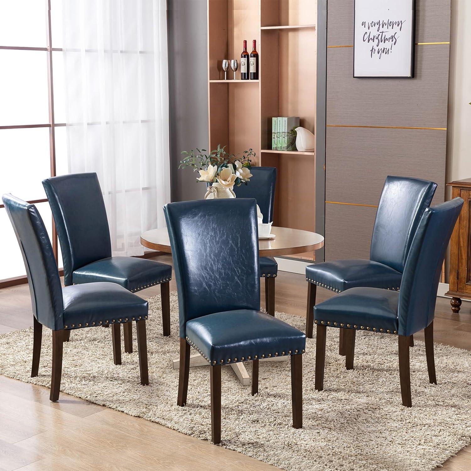 COLAMY Upholstered Dining Chairs Set of 2, PU Leather Dining Room Chairs with Nailhead Trim and Wood Legs - Blue