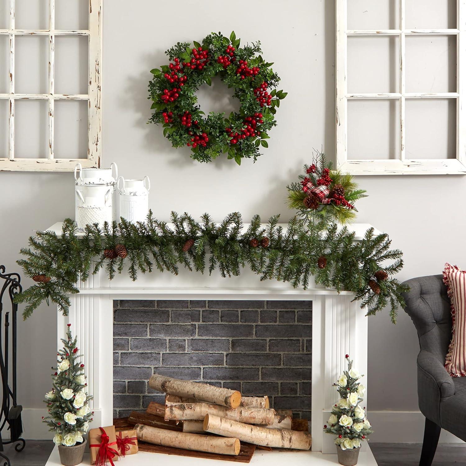 Nearly Natural Berry Boxwood Wreath 24": Faux Polyester & Plastic, Indoor Wall Decor, Unlit Winter Theme